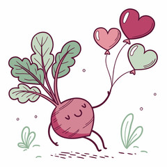 Cute Beet Skipping with Heart-Shaped Balloons – Adorable and Playful Vegetable Vector Design