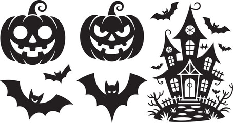Happy Halloween set of black silhouette vector illustration isolated On Transparent Background