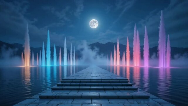 Lonely lakeside marble steps, vertical water jets glow in fading rainbow light, mist between, full moon reflects on surface, no one around.
