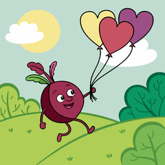 Cute Beet Skipping with Heart-Shaped Balloons – Adorable and Playful Vegetable Vector Design