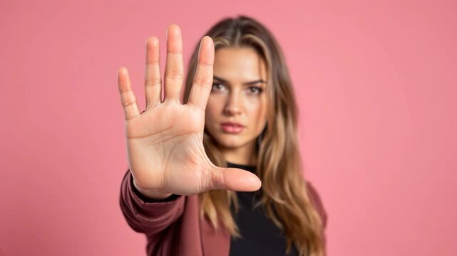 Stop: A young woman with long, wavy hair holds up her hand in a firm, definitive "stop" gesture, conveying a sense of caution and boundary in a studio setting against a vibrant backdrop.