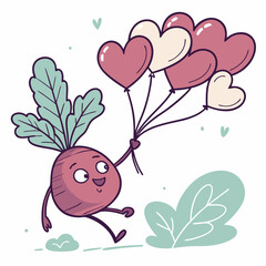 Cute Beet Skipping with Heart-Shaped Balloons – Adorable and Playful Vegetable Vector Design