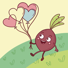 Cute Beet Skipping with Heart-Shaped Balloons – Adorable and Playful Vegetable Vector Design