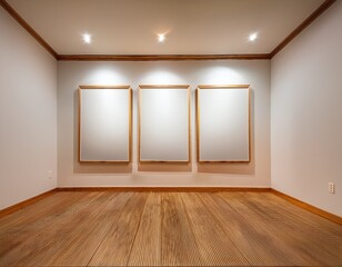 a minimalist empty room with a wooden floor and four white rectangular panels on the left wall illuminated by three evenly spaced warm toned ceiling lights exudes a sense of calm and tranquility