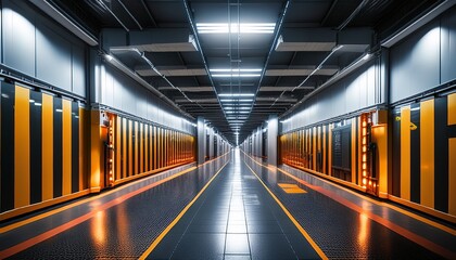 Fototapeta premium an industrial corridor s design includes prominent warning stripes and ample lighting depicting a modern and secure space with futuristic technology undertones