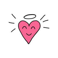 Cute smiling heart with angel halo. Hand drawn pink heart with joyful expression, symbolizing love, affection and happiness. Perfect for valentine, love and dating themes. Concept of heart emotions