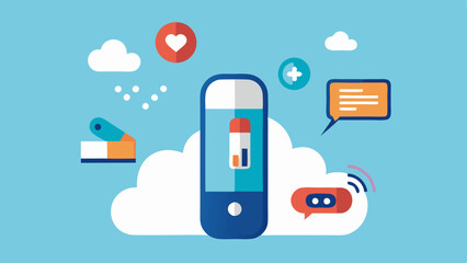 Smart Inhaler An inhaler with a digital display that tracks usage and provides reminders depicted with a cloud of medicine being released and health tips in speech bubbles.