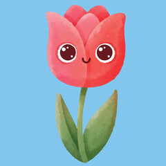 Cartoon Tulip with Wide Eyes and Gentle Gradient Watercolor