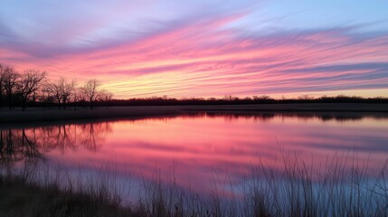 Obraz premium Pink sunset reflecting on calm lake