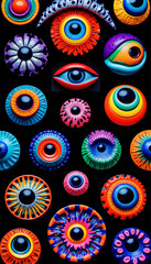 Vibrant animal eyes montage with swirling colors, biodiversity celebration