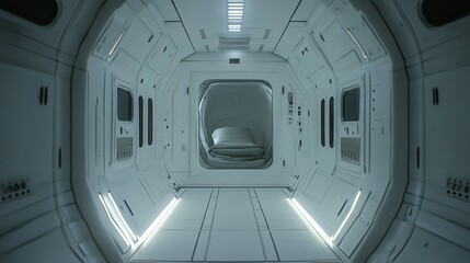 Fototapeta premium White futuristic corridor with metal walls and glowing lights leading to a room.