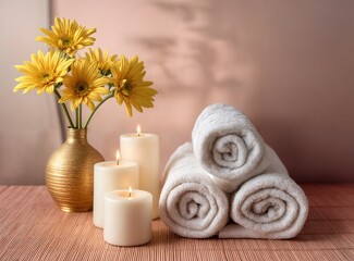 Obraz premium generative AI The image shows a calming spa setting with a rolled towel, two lit candles and a vase of white flowers on a bamboo mat. beauty salon relax rest massage blanket weekend
