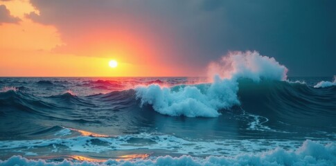Fototapeta premium Misty dawn breaks above turbulent ocean surface , soft focus, serene atmosphere