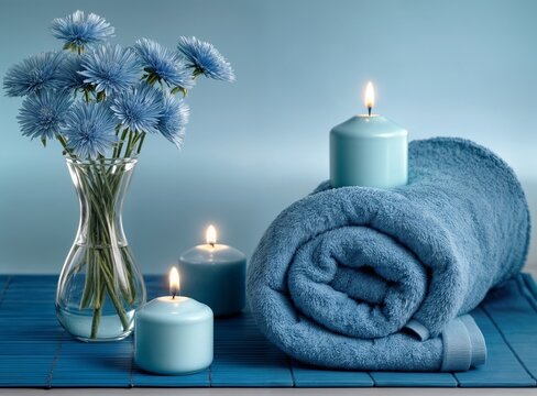 generative AI The image shows a calming spa setting with a rolled towel, two lit candles and a vase of white flowers on a bamboo mat. beauty salon relax rest massage blanket weekend