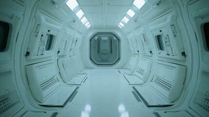Interior view of a futuristic corridor with white walls and a central doorway.