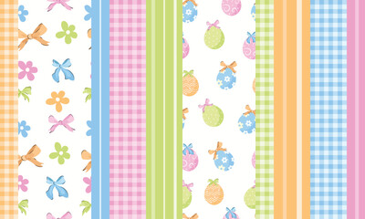 Easter seamless pattern, check grid, gingham, colorful flower, pastel color, cute baby colors, vector illustration collection, set of four, orange, pink, green, easter eggs, flower