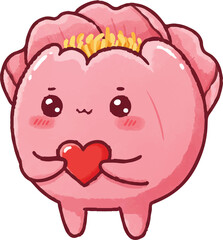 Round-Faced Cartoon Peony Holding a Tiny Heart