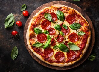 pizza with salami and basil, top view