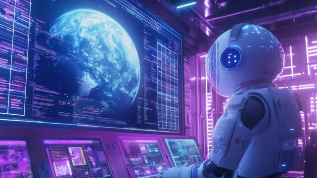 AI-powered robotic teachers instructing students in futuristic space stations, neon-lit digital classroom, holographic space lessons