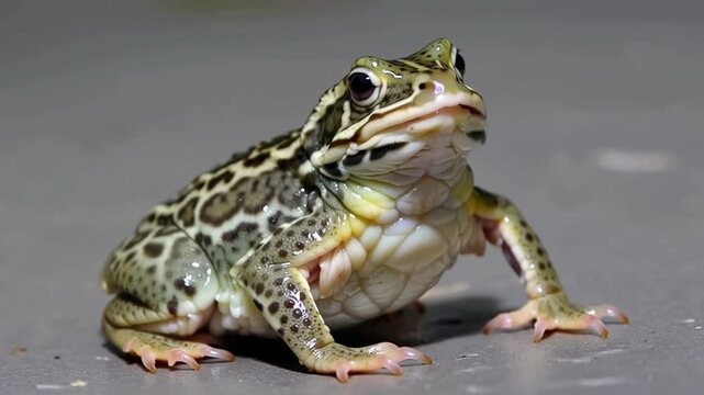 Alert leopard frog curiously observing on a gray surface