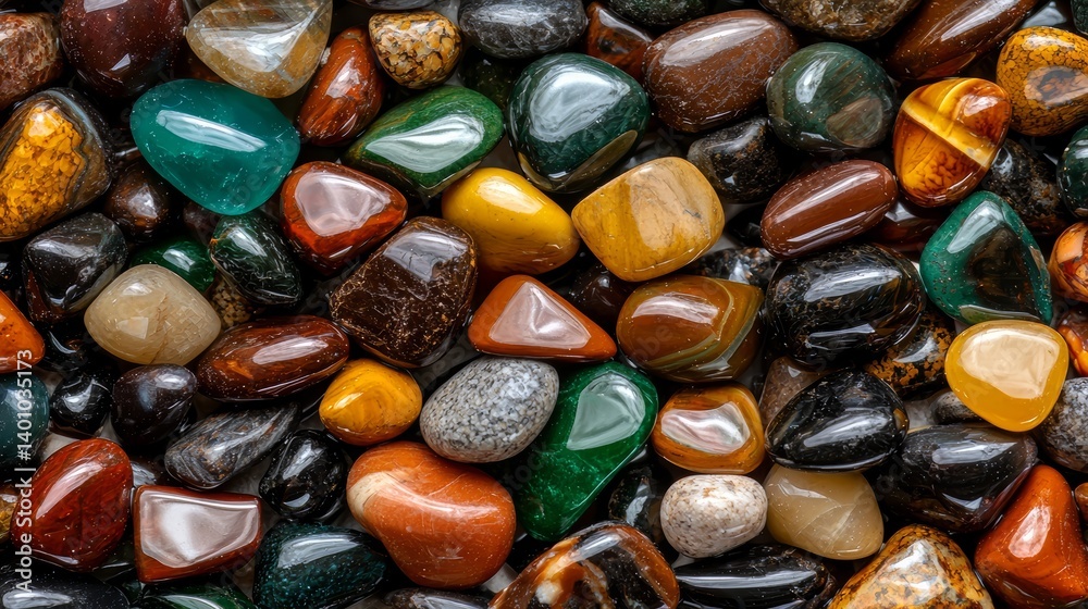 Leinwandbilder Collection of colorful stones and rocks. The stones are of various shapes and sizes, and they are arranged in a way that creates a visually interesting pattern