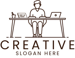 Modern Minimalist Person Working at Desk Creative Design art line icon logo idea flat     