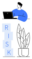 Man working on laptop, stacked RISK blocks, minimalist plant illustration. Ideal for risk management, business strategy, analysis, decision-making, workplace focus, minimalism abstract line flat