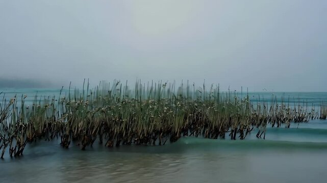 Serene coastal scene featuring tall marsh grasses emerging from calm water under a soft, overcast sky, creating a peaceful and tranquil atmosphere.