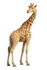 Obraz premium Alert young giraffe standing tall profile view, isolated against transparency background. This african mammal shows its distinct spotted