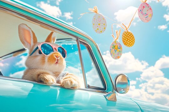 Fototapeta Adorable Easter Bunny Drives a Retro Car with Easter Eggs