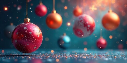 Colorful abstract Christmas balls suspended in mid-air, glowing, festive