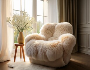 a large fluffy chair sits in front of a window a small stool sits in front of the chair a vase with flowers sits on the stool