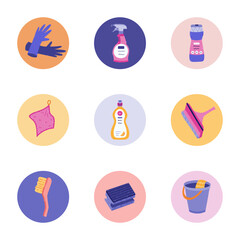 Trendy round cover stories icon for social media, blogs, business, branding with rubber gloves, bucket, detergent powder clipart. Highlight icons with housekeeping illustration in bright colors.