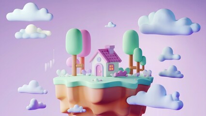 

“Pastel Floating Island 3D Illustration ,Cute Pastel Floating Island with House , Dreamy Pastel Floating Island Design in the Sky”