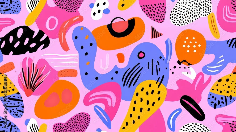 Poster colorful abstract painting with many different shapes and patterns. the painting is full of bright c