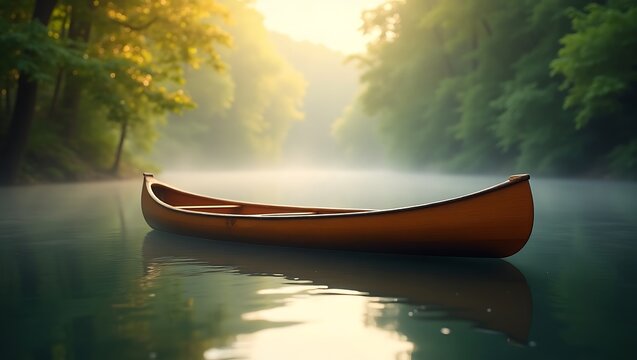 A tranquil scene of a canoe floating on a misty river at dawn