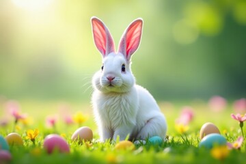 Colorful bunny ears sitting on a field of flowers with hidden Easter eggs, bunny silhouetted, field of flowers