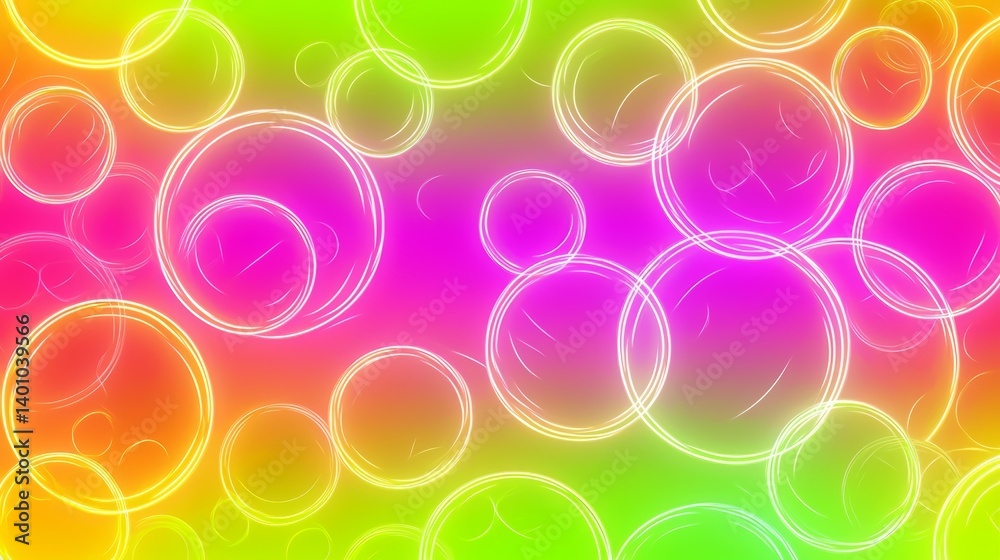 Poster Colorful background with many circles of different sizes. The circles are in various shades of green, yellow, and pink. Scene is bright and cheerful