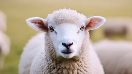 Fototapeta premium A close-up of a fluffy white sheep looking directly at the camera, standing in a green pasture on a sunny day, and pastoral and serene setting.