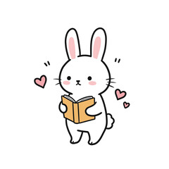 Cute bunny reading a book with love hearts in the background  