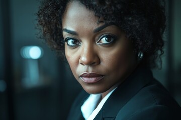 wide angle portrait of a Middle aged african american businesswoman looking at camera in office