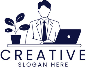 Professional Businessman Working Laptop Creative Office Design desk icon logo dark blue   