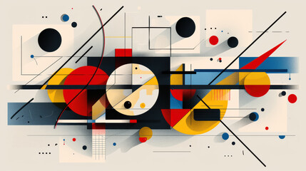 Obraz premium Abstract geometric art featuring bold shapes and vibrant colors, including circles, squares, and lines. composition creates dynamic visual experience with modern aesthetic