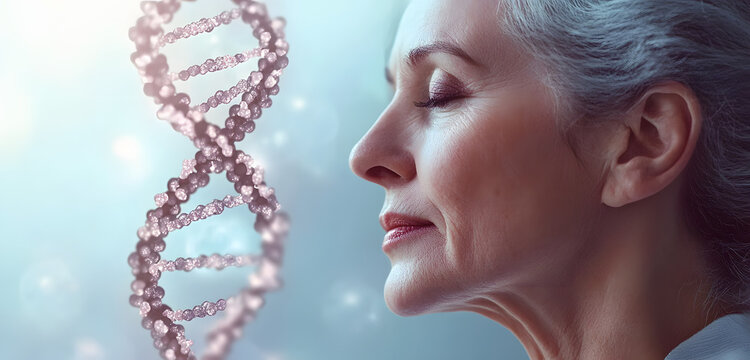 Profile portrait of senior woman with closed eyes. DNA double helix structure in gentle pastel background. Concept of genetic research, biotech ageing, anti-age, gerontology science, skin care,
