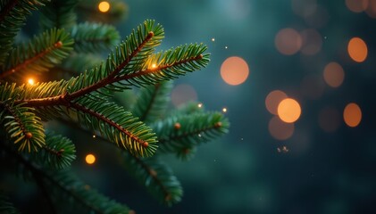 Sparkling lights illuminate lush pine branches, festive backdrop , holiday, winter backdrop, xmas