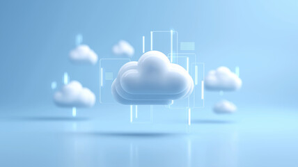 digital cloud icon floats in serene, minimalist blue background, symbolizing cloud computing and technology. soft hues and futuristic design evoke sense of innovation and connectivity