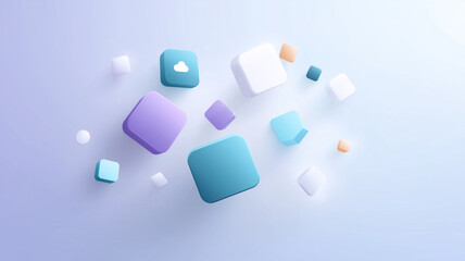 Floating 3D cubes in pastel colors create modern digital workspace backdrop, evoking sense of creativity and innovation. soft gradient background enhances futuristic feel