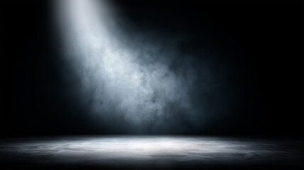 spotlight illuminates dark, misty stage with dramatic atmosphere, creating sense of anticipation. subtle lighting highlights textured floor, enhancing mysterious ambiance