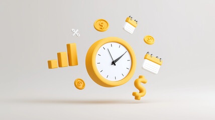 3D concept image features clock surrounded by floating dollar signs, coins, calendar, and bar graph, symbolizing idea that time is money