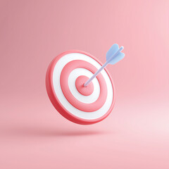3D illustration of target with blue arrow hitting center, set against soft pink background, symbolizing precision and success